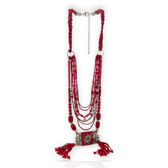 CHICO'S Red Long Beaded Necklace Multi Strand Silver Boho Braided Statement - Picture 1 of 7